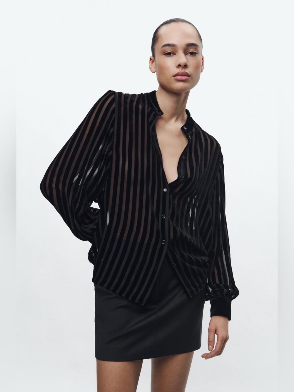 Zara Black Sheer Velvet Striped Button Down Shirt